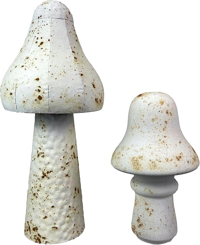 Zeckos Set of 2 White Metal Mushrooms, Indoor Outdoor Garden Statues, 9 & 16 inch Rustic Modern Farmhouse Decor, Weather-Resistant Yard Sculpture, Artistic Patio Accent