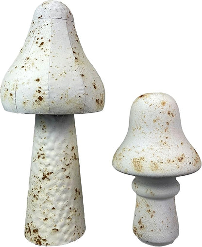 Zeckos Set of 2 White Metal Mushrooms, Indoor Outdoor Garden Statues, 9 & 16 inch Rustic Modern Farmhouse Decor, Weather-Resistant Yard Sculpture, Artistic Patio Accent