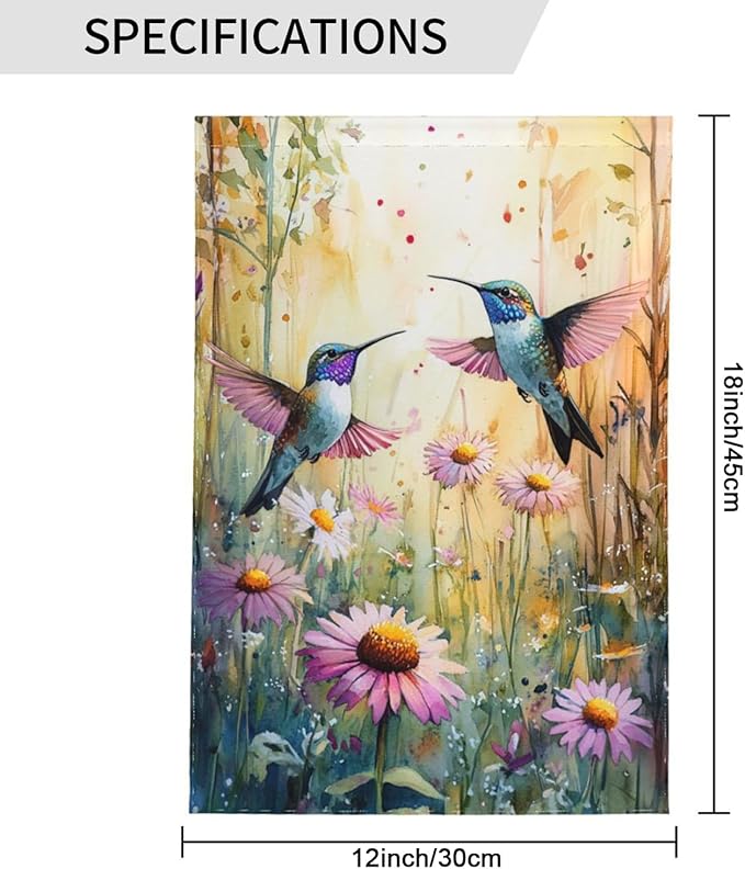 Hummingbirds and Flowers Garden Flags 12×18 Inch Spring Summer Double Sided Decorative Yard Banner Seasonal Flag for Outdoor Outside Decor