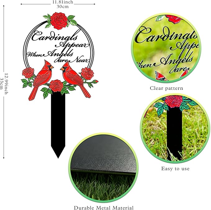 Cardinals Memorial Grave Stake with Cardinals Appear When Angels are Near - Metal Sympathy Grave Marker, Rust-Resistant Outdoor Cemetery Decoration(Cardinal)