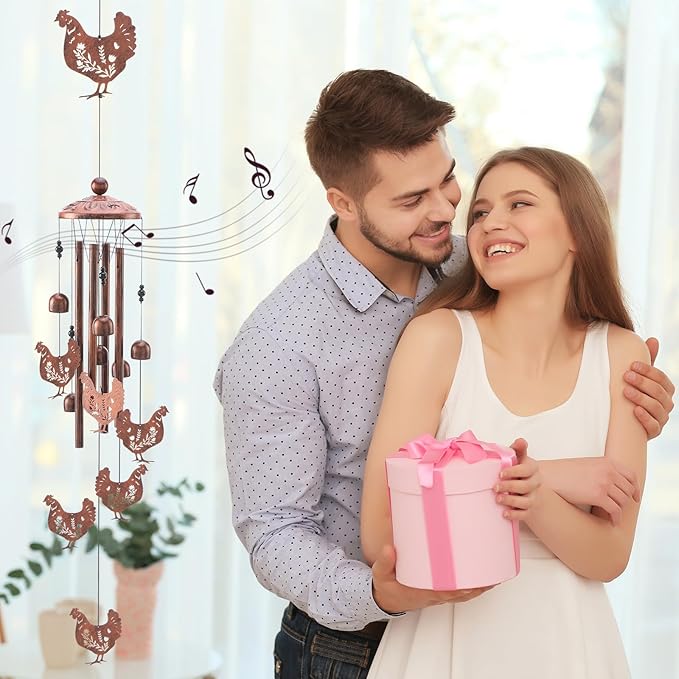 Chicken Wind Chimes for Outside - Metal Windchimes Outdoors Chicken Gifts Rooster Garden Decor with Greeting Card for Women Men Mom Grandma Birthday Home Patio Porch Backyard Yard Decoration