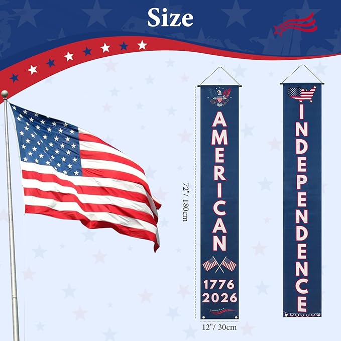 250th Independence Anniversary Banner Set, Vertical Patriotic Hanging Banners, Red White Blue, Polyester, 30 x 180cm, 4th of July Decorations, Wall Porch Door Decor, 1776-2026