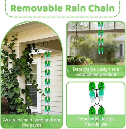 dreamysoul Rain Chains for Outside, 7.87FT Adjustable Green Glass Leaf Rain Chain, Rain Catcher Chains for Gutters Downspout, Eaves, Drainage