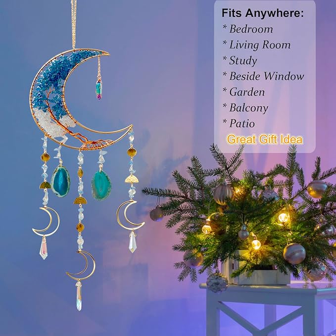 Moon Wind Chimes with Handcrafted Crystal Tree for Home Wall Decor Aesthetic, Dorm Wall Decor, Iridescent Décor, Crystal Sun Catchers, Unique Gift for Women, Teen Girl Gift
