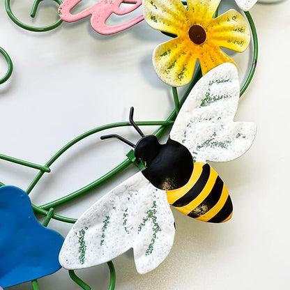 Metal Honey Bee Hanging Welcome Signs Wall Decor Front Door Wreath Garden Fence Patio Porch Yard Spring Indoor Outdoor Decorations 13''H