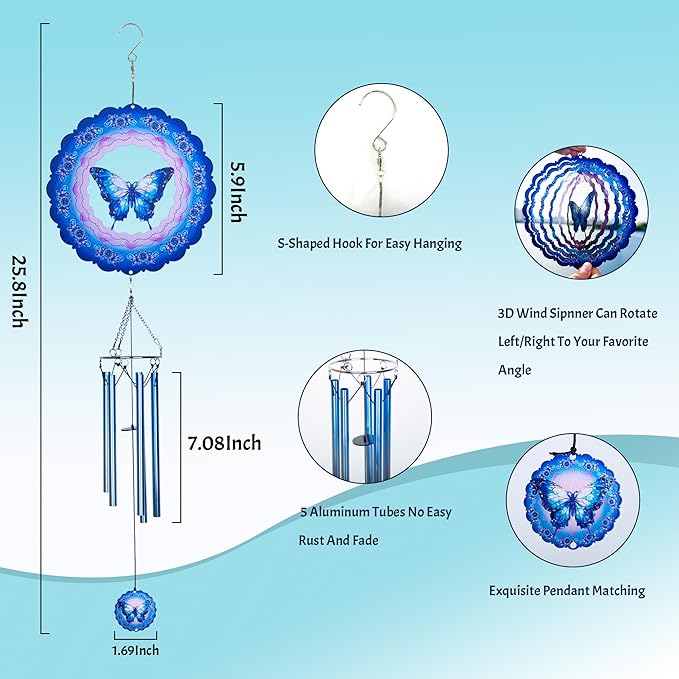 Butterfly Wind Chimes for Outside,Birthday Gifts for Mom Grandma Wife, Butterfly Wind Chimes with 3D Wind Spinners, Outdoor Decor for Garden Yard Porch