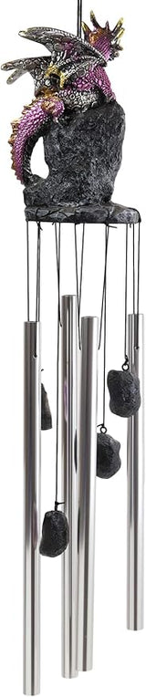 Ebros Gift Medieval Purple Dragon Guarding Topaz Crystal Geode Rock Figurine Crown Top Resonant Wind Chime with Miniature Geode Rocks Ornaments for Garden Patio Home Fantasy Dungeons and Dragons