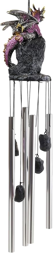 Ebros Gift Medieval Purple Dragon Guarding Topaz Crystal Geode Rock Figurine Crown Top Resonant Wind Chime with Miniature Geode Rocks Ornaments for Garden Patio Home Fantasy Dungeons and Dragons