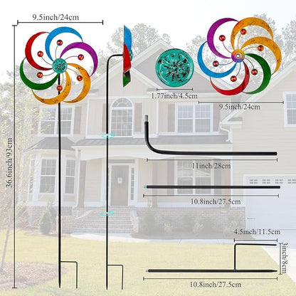 DREAMYSOUL Wind Spinners Outdoor, 10" Dia Metal Pinwheels for Yard and Garden, Kinetic Wind Sculptures & Spinner Outside (Colorful with Ruby)