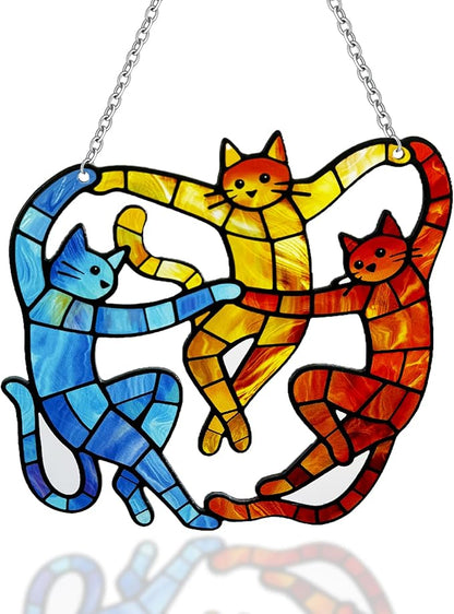 Cat Stained Glass Suncatcher Window, Hanging Sun Catchers Indoor Window, Suncatcher for Mom/Women (Dancing Cat)