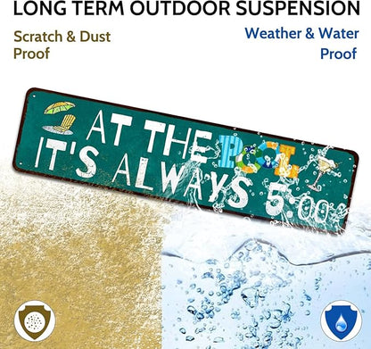 Pool Rules Sign, Indoor/Outdoor Swimming Pool Decorations, 4x16 Inches Aluminum Metal Sign - at The Pool It's Always 5:00