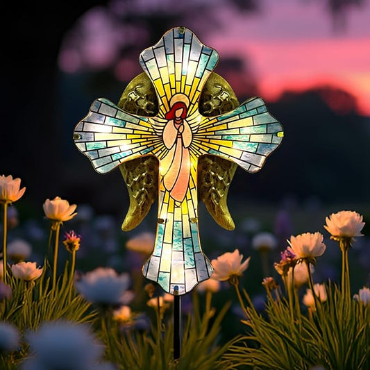 Solar Cross Garden Stake Lights for Outdoor,Cemetery Decorations Yard Patio Decor,Angel Wings Cross Solar Christmas Lights Outside,Memorial Gifts