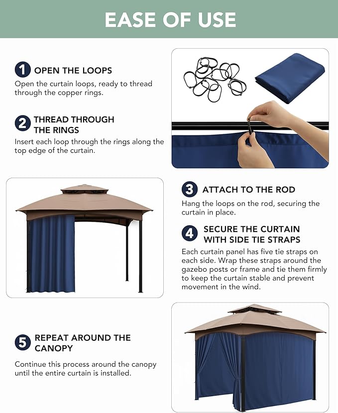 Gazebo Curtains Outdoor Waterproof - 10'Wx10'Lx7'H Weatherproof Patio Pergola Outside Curtains, Gazebo Universal Replacement Privacy Curtains, 4 Panels Sidewall Drapes with Zipper, Navy