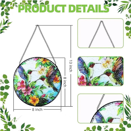 Stained Glass Window Hanging Hummingbird Suncatcher - 8 Inch Wildflower & Bird Sun Catchers for Windows, Indoor/Outdoor Wall Art Decor - Gift for Bird Lovers Women Mother's Day Christmas