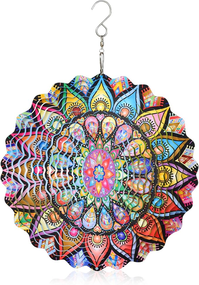 Yu Sen Kai Stainless Steel Wind Spinner, 9.84 Inch 3D Kinetic Hanging Sculpture, Multi Color Mandala Garden Art, Indoor Outdoor Decorative Ornament for Yard Patio Lawn