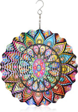 Yu Sen Kai Stainless Steel Wind Spinner, 9.84 Inch 3D Kinetic Hanging Sculpture, Multi Color Mandala Garden Art, Indoor Outdoor Decorative Ornament for Yard Patio Lawn