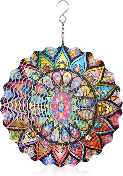 Yu Sen Kai Stainless Steel Wind Spinner, 9.84 Inch 3D Kinetic Hanging Sculpture, Multi Color Mandala Garden Art, Indoor Outdoor Decorative Ornament for Yard Patio Lawn