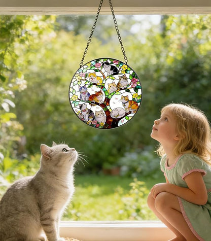 Stained Glass Window Hanging - A Few Kittens in Colorful Tree of Life on a Branch Suncatcher for Doors Home Decoration and Christmas, Mother's Day Birthday for Women Men Mom 9.8 * 9.8 inch