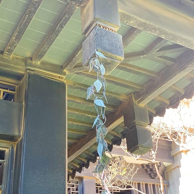 8.5 FT Rain Chain, Rain Chains for Gutters, Metal Rain Chain Downspouts, Circle with Leaves Rain Gutter Chains, Metal Rain Catcher for Outside, Decorative Your House and Garden, Verdigris