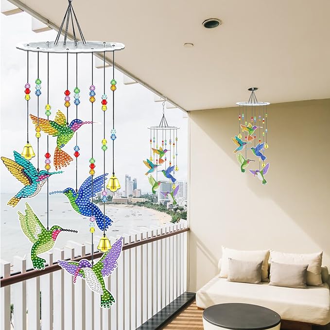 JeCuiK Hummingbird Diamond Painting Wind Chimes Double Side DIY Diamond Art Kits for Adults Diamond Painting Kits Wind Chimes 3D Diamond Art Suncatchers Hanging Ornament Crafts for Garden Decor