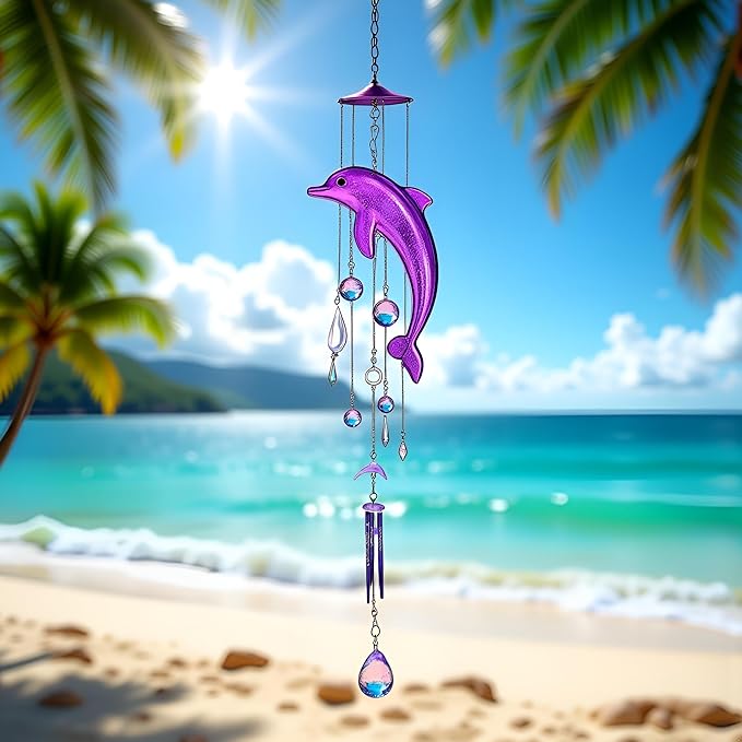 1Pc Purple Dolphin Wind Chime, Crystal Dolphin Hanging Decoration 4 Metal Tubes Wind Chime, Creative Bell Blessing Gift
