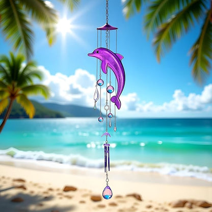 1Pc Purple Dolphin Wind Chime, Crystal Dolphin Hanging Decoration 4 Metal Tubes Wind Chime, Creative Bell Blessing Gift