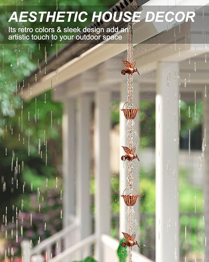 INNOWARMER 8.8ft Rain Chains for Gutters Outside, Rain Catcher Chain with 6 Metal Cups & Hummingbird Decor, Adjustable Hanging Rain Hutter Chain Downspout Substitute for Garden Drainage & Eaves