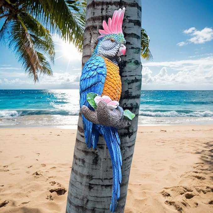 Teaeeno Tropical Hanging Parrot for Outdoors,Tropical Bird Wall Decor, Tiki Outdoor Decor,Home Ornament Decor for Tiki Bar,Perfect for Yard Ornaments,Tree Decorations Outdoor,Patio,Lawn,Tree Trunk