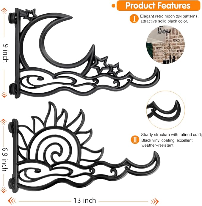 2pcs 13 Inch Heavy Duty Hanging Plant Brackets, Sun Moon Star Metal Hanging Hook Wall Art Décor Outdoor Indoor, Durable Rust-Resistant Plant Hanger Hook for Hanging Plants Birdhouse Lantern Wind Chime