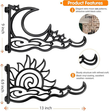 2pcs 13 Inch Heavy Duty Hanging Plant Brackets, Sun Moon Star Metal Hanging Hook Wall Art Décor Outdoor Indoor, Durable Rust-Resistant Plant Hanger Hook for Hanging Plants Birdhouse Lantern Wind Chime