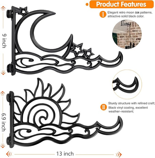 2pcs 13 Inch Heavy Duty Hanging Plant Brackets, Sun Moon Star Metal Hanging Hook Wall Art Décor Outdoor Indoor, Durable Rust-Resistant Plant Hanger Hook for Hanging Plants Birdhouse Lantern Wind Chime