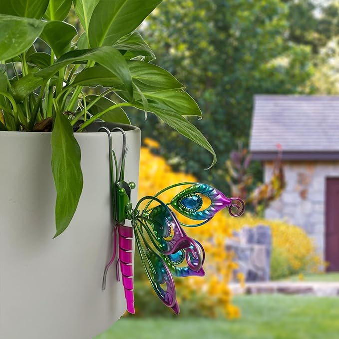 Metal Butterfly Flower Pot Huggers Gorgeous Butterfly Dragonfly Planter Hanging Figurines with Artificial Gemstones in the Wings 6 Inch Iron Insect Garden Art Sculptures Hanger Ornaments (2PCS)