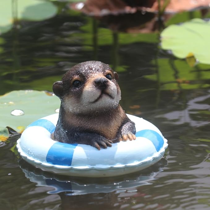 Cute Floating Otter Garden Water Feature Decoration, Resin Sculpture, Equipped with a Life Ring, Outdoor Swimming Pool Decoration, in red and White Color Scheme