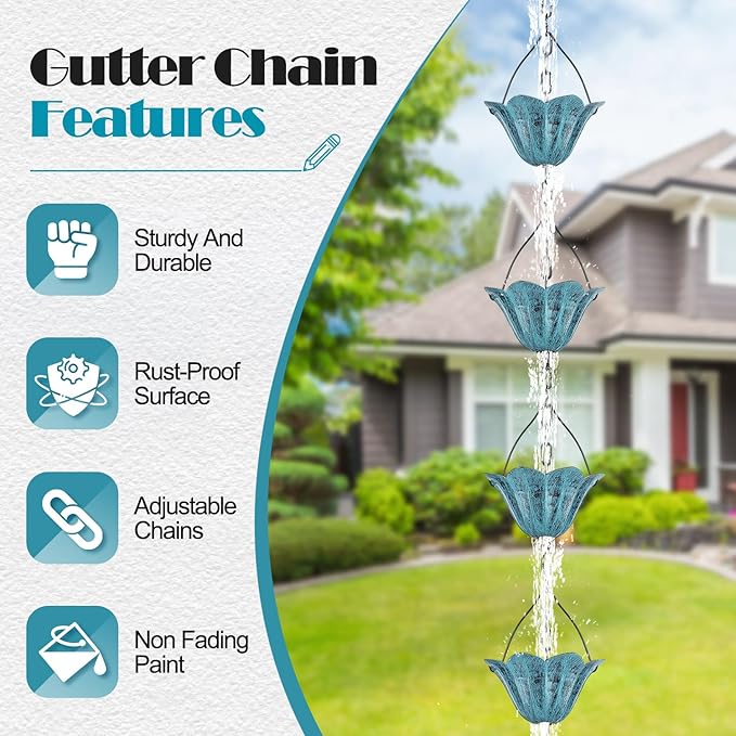 Tfro & Cile Gutter Rain Chain Blue Downspout Substitution Decorative Garden Rainwater Catcher Tulip Backyard Decor for Patio - 8 1/2 Feet Long