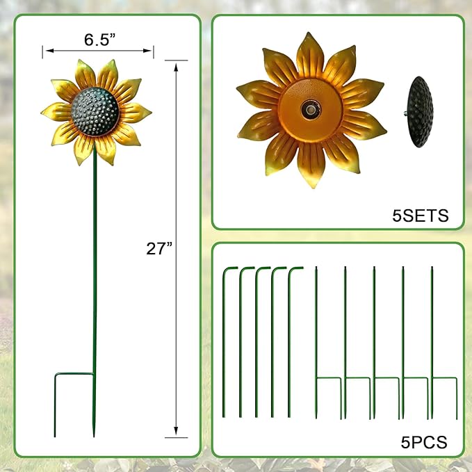 Wind Spinners Outdoor,5 Pack Sunflower Garden Stakes for Outdoor Decorations,Metal Wind Spinner Yard Art Decor for Patio,Lawn