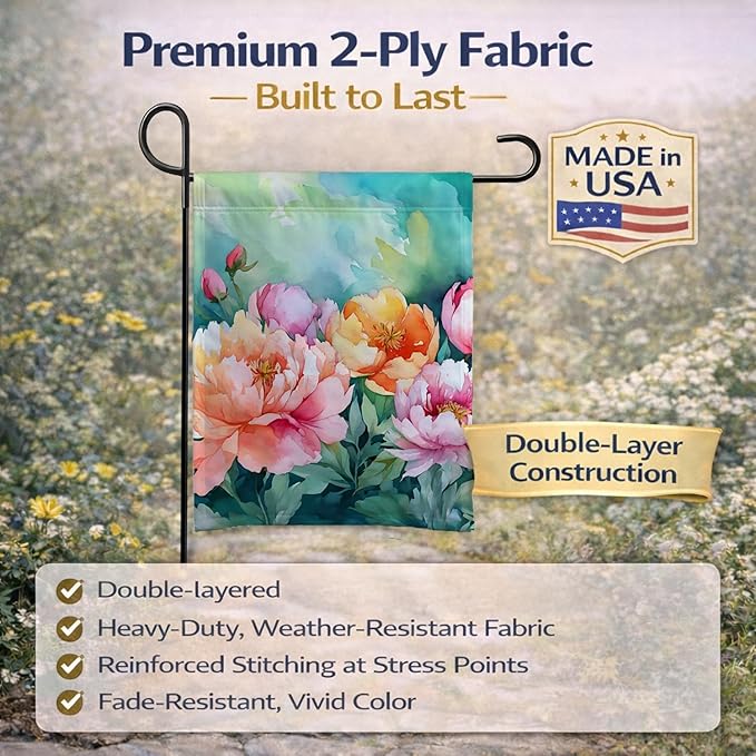 Caroline's Treasures Indiana Peonies in Watercolor Garden Flag Mailbox Flag Decorative Yard Flag Banner Outside Patio Artwork Yard Flower Beds, Garden Size, Multicolor