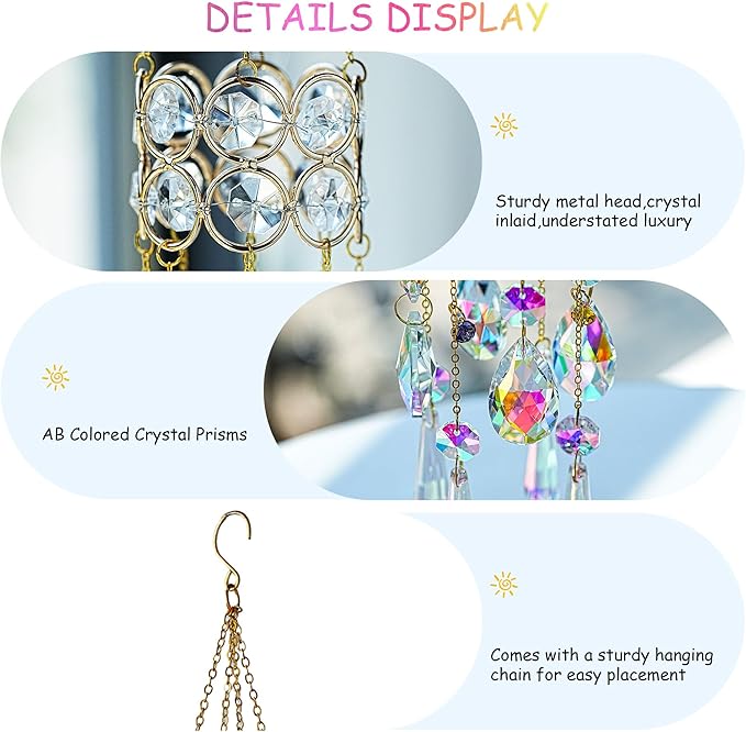 HDCRYSTALGIFTS 14.5'' Length Crystal Suncatchers, Hanging Crystals Sun Catcher with Colorful Beads Chain Rainbow Maker for Window Indoor Outdoor Home Office Garden Decoration