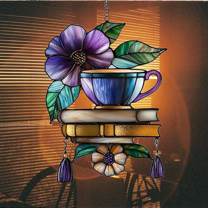 Hibiscus Tea Cup and Books Acrylic Suncatcher Stained Glass Effect Window Car Hanging Christmas Ornament Indoor Outdoor Decor Garden Sun Catcher Panel for Book Lover for Women Mom Grandma