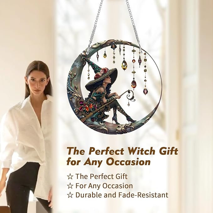 8" Mystic Moonlight Witch Acrylic Suncatcher with Hanging Chain, Magical Light Effects Decoration for Patio, Garden, Balcony and Home - Perfect Housewarming or Birthday Gift