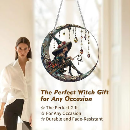 8" Mystic Moonlight Witch Acrylic Suncatcher with Hanging Chain, Magical Light Effects Decoration for Patio, Garden, Balcony and Home - Perfect Housewarming or Birthday Gift