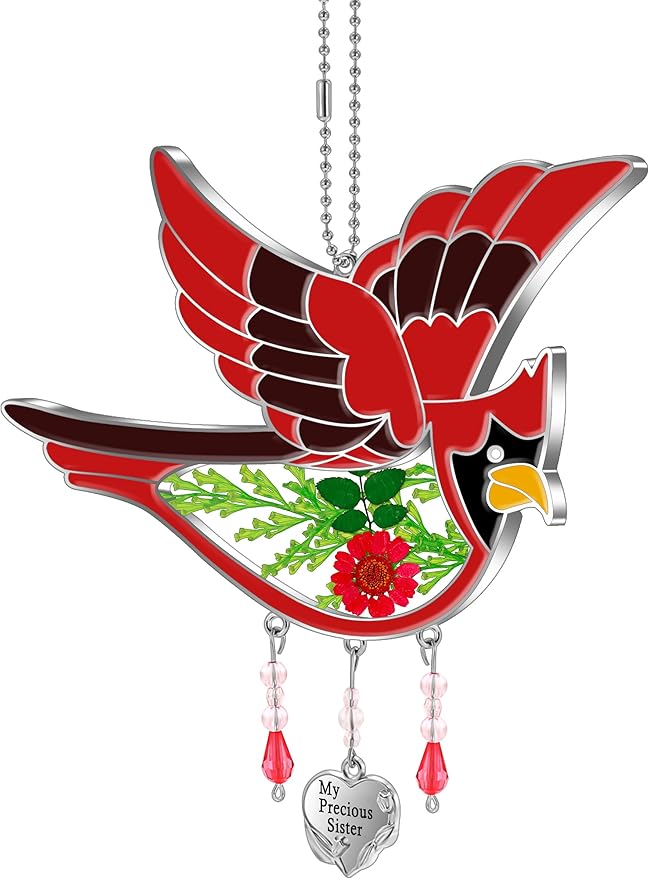 KY&BOSAM Cardinal Suncatcher My Precious Sister Hand-Painted Sun Catcher for Windows Hangings Wind Chime with Pressed Drived Flower Birthday Gifts for Sister Mothers Day Valentine's Thanksgiving Decor