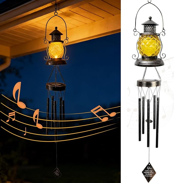 Solar Oil Lamp Wind Chimes for Outside, Hanging Memorial Wind Chimes for Mom Women Grandma, Flower Solar Lantern Windchimes Outdoors for Garden Decor
