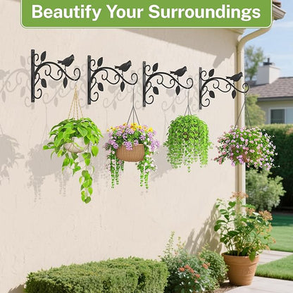 iDavosic.ly Plant Hangers Outdoor 4-Pack, 12 Inch Heavy Duty Iron Wall Brackets for Hanging Plants, Baskets, Bird Feeders, Lanterns, Wind Chimes, Indoor Metal Hooks for Garden Porch Patio, Black