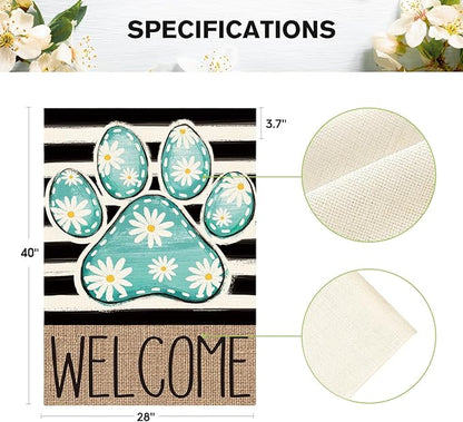 AVOIN colorlife Blue Paw Print Spring House Flag 28x40 Inch Double Sided Outside, Daisy Floral Welcome Stripes Yard Outdoor Flag