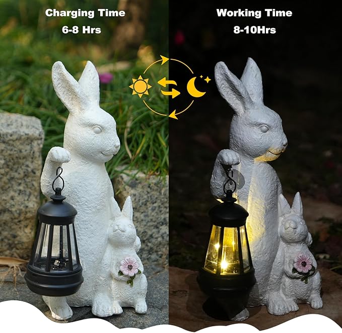 Solar Outdoor Statues Bunny Decor, Garden Sculptures with LED Lights Rabbit Figurines Decorations for Patio Yard Lawn Ornaments Balcony Gifts for Mother's Day Easter