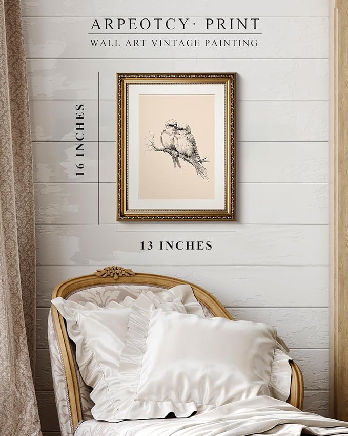 ARPEOTCY Vintage Gold Framed Wall Art, Sketch Birds in Love on a Branch Paintings, Canvas Prints Artwork with Antique Frame, Wall Picture Decor for Bedroom Gallery Living Room, 13x16 inch