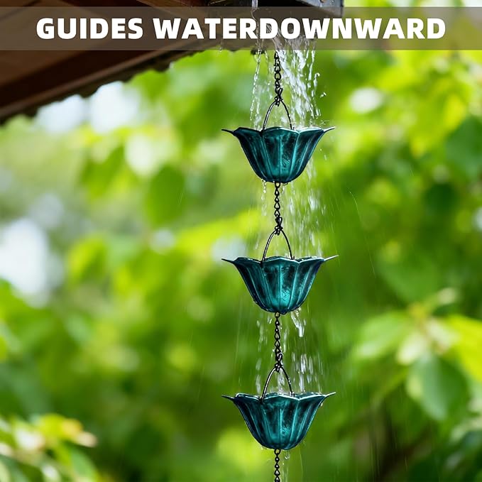 9 FT Rain Chain for Gutters, 12 Lotus Cup Design ， Adjustable Rain Chains for Outside Chains to Replace Downspout，Elegant Water Feature for Garden, Patio. (Lotus Antique Blue)