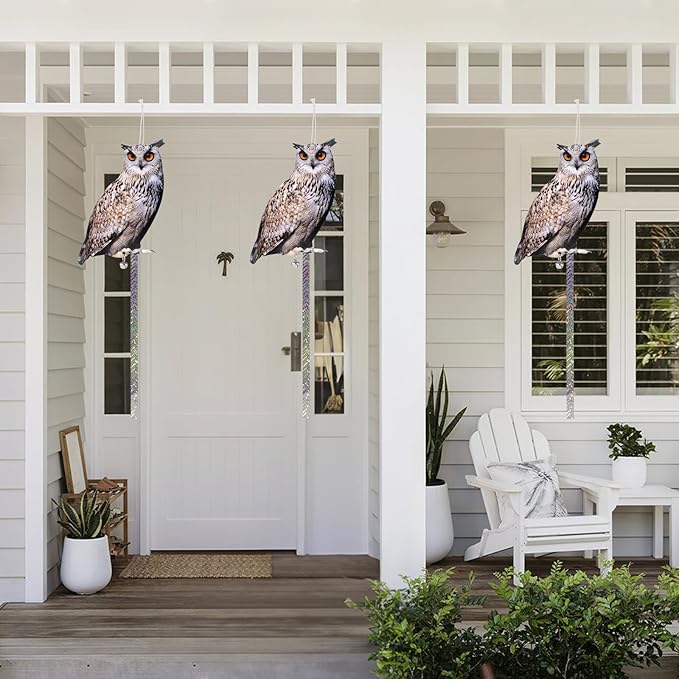 5 Pack Owl Scare Reflective Hanging Owl Decoration, Effective Animal Control Device to Scare Pigeons and Woodpeckers Away from Patio and Garden