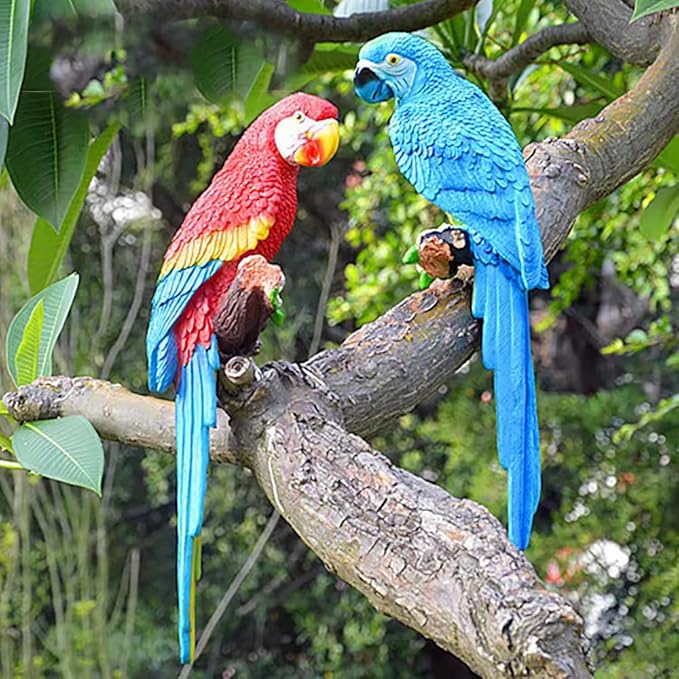 2 Pieces Fake Parrot Decor Artificial Parrot Decoration 12.5" Lifelike Large Resin Parrots Statue Tiki Bar Decorations Macaw Realistic Tropical Bird for Garden Patio Yard Lawn Tropical Tree Wall
