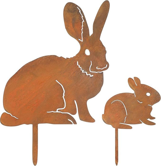 CroBlissful 2 Pack Mama and Baby Bunny Garden Stake, Metal Realistic Long Ear Rabbit Animal Stake Pack Decorative Garden Stakes Yard Art Flowerbed Outdoor Decoration, Rust